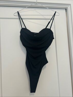 Forever 21 Black Draped Cowl Neck Bodysuit with Thin Straps